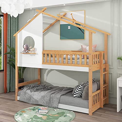 ModernLuxe Kinderbett Hochbett, Hausbett 90 x 200 mit Rausfallschutz Robuste, Etagenbett mit Lattenrosten, Rahmen aus Kiefernholz für Kinder (ohne Matratze) (Nature) von ModernLuxe