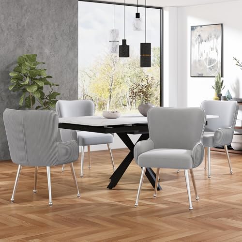 ModernLuxe Samt-Esszimmerstuhl Lounge-Stuhl 4er-Set,mit Silbernen Metallstützbeinen, Armlehnen, Lendenwirbelstütze, Verstellbaren Füßen für Wohnzimmer und Schlafzimmer Grau von ModernLuxe