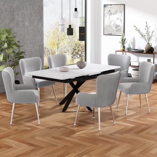 ModernLuxe Samt-Esszimmerstuhl Lounge-Stuhl 6er-Set,mit Silbernen Metallstützbeinen, Armlehnen, Lendenwirbelstütze, Verstellbaren Füßen für Wohnzimmer und Schlafzimmer Grau von ModernLuxe