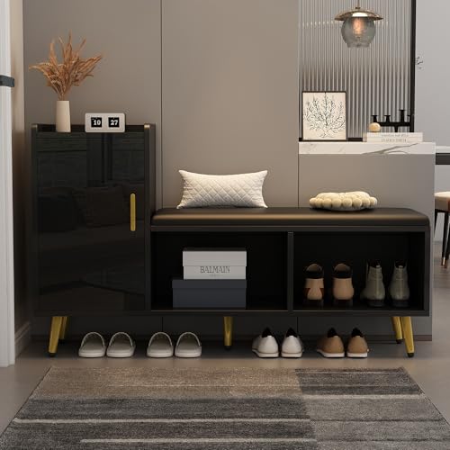 ModernLuxe Schuhschrank, Hochglanz, mit gepolstertem Sitz, Schrank mit verstellbaren Türen und Einlegeböden, Eingangsbank Design mit goldenen Griffen, 120 x 35 x 71,5 cm ModernLuxe Schuhschrank, Hochglanz, mit gepolstertem Sitz, Schrank mit verstellbaren Türen und Einlegeböden, Eingangsbank Design mit goldenen Griffen, 120 x 35 x 71,5 cm von ModernLuxe