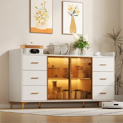 ModernLuxe Sideboard mit 6 Schubladen und Glastüren, Fernbedienbare LED-Beleuchtung, Goldene Metallgriffe, 160 × 44 × 87 cm, Weiß – Ideal für Küche, Wohnzimmer und Schlafzimmer ModernLuxe Sideboard mit 6 Schubladen und Glastüren, Fernbedienbare LED-Beleuchtung, Goldene Metallgriffe, 160 × 44 × 87 cm, Weiß – Ideal für Küche, Wohnzimmer und Schlafzimmer von ModernLuxe