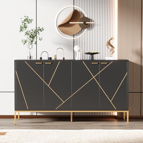 ModernLuxe Sideboard mit Vier Türen und Metallfüßen, TV-Schrank, Kleiderschrank, geradliniges Design mit Metalllinien-Dekor, Schwarz+Golden, H 80 cm/B 150 cm/T 40 cm ModernLuxe Sideboard mit Vier Türen und Metallfüßen, TV-Schrank, Kleiderschrank, geradliniges Design mit Metalllinien-Dekor, Schwarz+Golden, H 80 cm/B 150 cm/T 40 cm von ModernLuxe