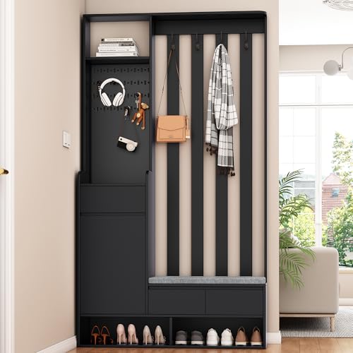 ModernLuxe Wandgarderobe Flurgarderobe Garderoben-Set Garderobenpaneel Kombinierte Flurmöbel Multifunktionale Garderobe für Eingangsbereich mit Sitzbank,Schuhschrank,Schublade H180xL100xW35cm,Schwarz von ModernLuxe