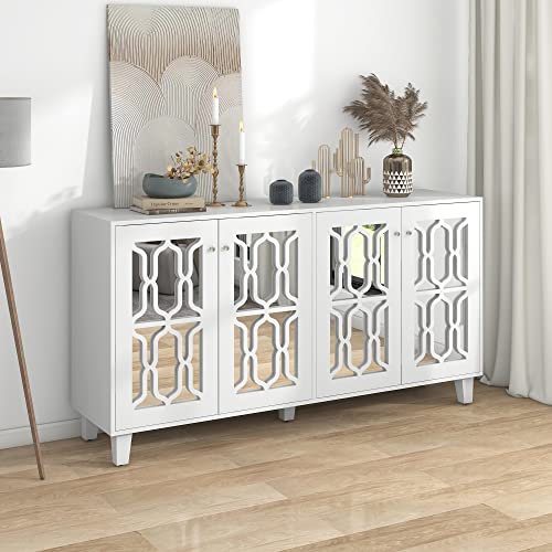 ModernLuxe - Weiß verspiegelte Sideboard mit Kristallgriffen, für Wohn- und Esszimmer (160 x 40 x 84cm) von ModernLuxe