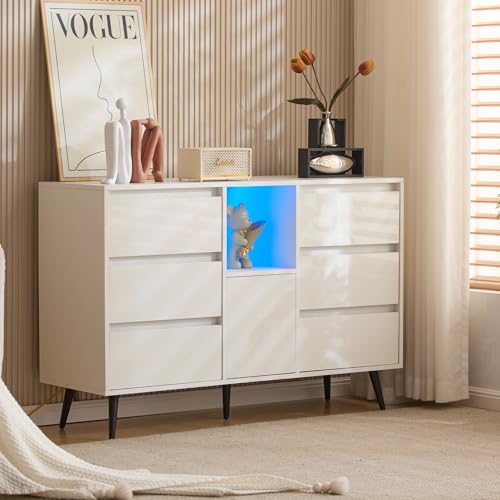 ModernLuxe Weißes Buffet Sideboard mit LED-Beleuchtung, 6 Geräuschlose Schubladen, Push-Open-Türen, Hochglanz-Finish und Mattschwarzen Metallbeinen, 120 x 40 x 80 cm ModernLuxe Weißes Buffet Sideboard mit LED-Beleuchtung, 6 Geräuschlose Schubladen, Push-Open-Türen, Hochglanz-Finish und Mattschwarzen Metallbeinen, 120 x 40 x 80 cm von ModernLuxe