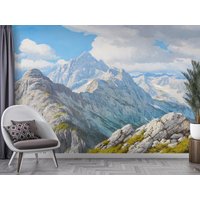 Berg Peel & Stick Wallpaper, Weiße Wolken Und Blauer Himmel Abnehmbare Tapete, Landschaftsmalerei Selbstklebendes Wandbild von ModernMural