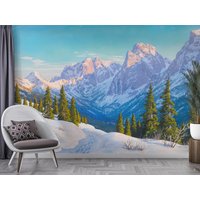 Berg Schälen Und Stick-Tapete, Weißer Schnee Kiefer Entfernbare Tapete, Landschaftsmalerei-Selbstklebendes Wandbild von ModernMural