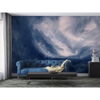 Blue Grunge Peel & Stick Wallpaper, Abnehmbare Tapete Aquarell Wellen, Abstrakte Malerei Selbstklebendes Wandbild von ModernMural