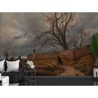 Dark Gothic Peel & Stick Wallpaper, Old Scary Baum Entfernbare Tapete, Stimmungsvolle Landschaftsmalerei Selbstklebendes Wandbild von ModernMural