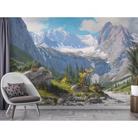 Landschaft Peel & Stick Wallpaper, Pine Tree Valley Abnehmbare Tapete, Berggipfel Malerei Selbstklebendes Wandbild von ModernMural