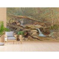 Wald Wasserfall Peel & Stick Wallpaper, Felsen Und Steine Abnehmbare Tapete, Landschaftsmalerei Selbstklebendes Wandbild von ModernMural