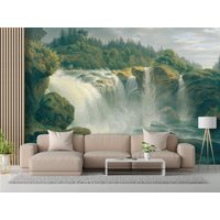 Wasserfall Peel & Stick Wallpaper, Forest River Entfernbare Tapete, Grüne Landschaftsmalerei Selbstklebendes Wandbild von ModernMural