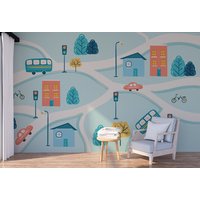 Blaue Tapete Für Jungen, Moderne Kinderzimmer Schälen Und Kleben Wandbild Autos Kinderzimmer, Baby Junge von ModernMuralForYou