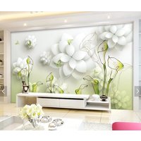 Blumen Und Schmetterlinge 3D Tapete Abziehen Aufkleben, Florales Wandbild, Grüne Vinyltapete, Leinwandtapete, Stereoskopes Wandbild von ModernMuralForYou