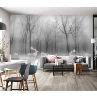 Neblige Wald Tapete Abziehen Und Aufkleben Wandbild, Hirsch Tapete, Wandbild Aufkleber, Schwarz Weiße Tapeten Leinwand von ModernMuralForYou