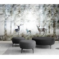 Neblige Wald Tapete Abziehen Und Aufkleben Wandbild, Hirsch Tapete, Wandbild Aufkleber, Natur Vinyl Leinwand von ModernMuralForYou