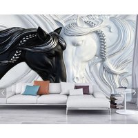 Pferde Tapete, 3D Wandbild Abziehen Und Aufkleben, Tier Schwarz Weiß Vinyl Leinwand Akzent Tapete von ModernMuralForYou