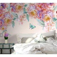 Pfingstrose Tapete Abziehen Und Aufkleben, Große Wand Blumen Wandbild, Boho Tapete, Florales Vinyl Leinwand von ModernMuralForYou