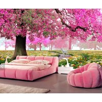 Rosa Tapete, Bunte Bäume Selbstklebend, 3D Wanddeko, Blütenbäume von ModernMuralForYou