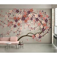 Sakura Baum Tapete Abziehen Und Aufkleben, Rosa Tapete, Große Wand Blumen Wandbild, Florales Vinyl Leinwand von ModernMuralForYou