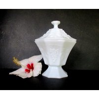Vintage Milchglas Sockelschüssel Mit Deckel, Konfektschale, Getäfeltes Trauben Und Blattmuster,/7, 5 "T von ModernRelicVintage