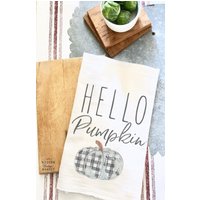 Hello Pumpkin Küchentuch|Herbst Geschirrtuch| Herbsthandtücher |Kürbis Küchentuch| Küchenhandtücher| Kariertes Handtuch von ModernVintageMarket