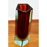 Vintage Glas Vase 5Kant Rot/Gelb Murano Glasobjekt Flavio Poli Seguso Sommerso Da Ros Ära 70Er Jahre Retro Mid Century Space Age von ModernVintageProjekt