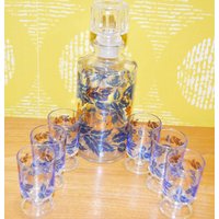 Vintage Likör Gläser Set Blau , Mit Flasche 50Er Jahre Design Klassiker Retro Mid Century Shabby Chic Landhausstil von ModernVintageProjekt