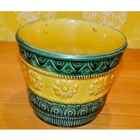 Vintage Übertopf 70Er Jahre Blumentopf Grün /Gelb Ü - Keramik Ethno Fat Lava Seventies Plant Pot Planter Wgp Mid Century Retro von ModernVintageProjekt