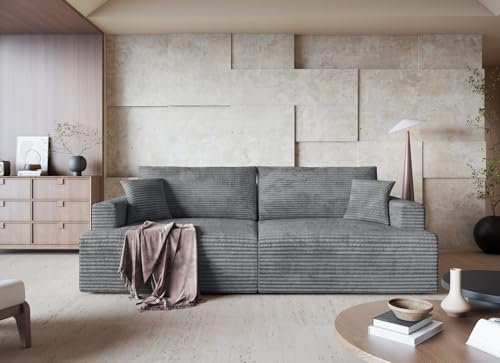 Cord Sofa mit Schlaffunktion und Bettkasten - Modern Sofa mit 2 Dekokissen - Vela - Bequem Schlafsofa - Weiches Cord Couch - Retro Schlafcouch 240x115x71 cm - Dunkelgrau - Tilia 90 - MODERNO von Moderno Meble