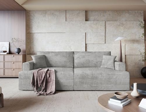 Cord Sofa mit Schlaffunktion und Bettkasten - Modern Sofa mit 2 Dekokissen - Vela - Bequem Schlafsofa - Weiches Cord Couch - Retro Schlafcouch 240x115x71 cm - Hellgrau - Tilia 86 - MODERNO Cord Sofa mit Schlaffunktion und Bettkasten - Modern Sofa mit 2 Dekokissen - Vela - Bequem Schlafsofa - Weiches Cord Couch - Retro Schlafcouch 240x115x71 cm - Hellgrau - Tilia 86 - MODERNO von Moderno Meble