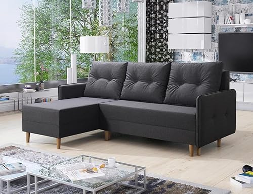 Ecksofa mit Schlaffunktion und Bettkasten - FERN Sofa mit 3 Sitzen und Robusten Überzug - Schalfsofa L-Form Universal - Schlafcouch mit 3 Kissen - Dunkelgrau - LUX 06 - MODERNO von Moderno Meble
