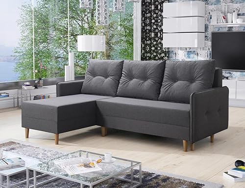 Ecksofa mit Schlaffunktion und Bettkasten - FERN Sofa mit 3 Sitzen und Robusten Überzug - Schalfsofa L-Form Universal - Schlafcouch mit 3 Kissen - Grau - LUX 05 - MODERNO von Moderno Meble