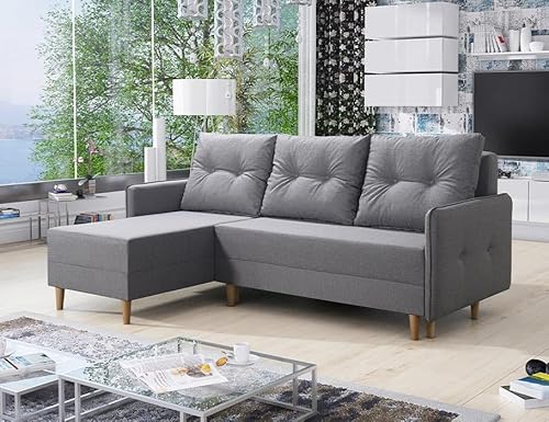 Ecksofa mit Schlaffunktion und Bettkasten - FERN Sofa mit 3 Sitzen und Robusten Überzug - Schalfsofa L-Form Universal - Schlafcouch mit 3 Kissen - Hellgrau - LUX 32 - MODERNO von Moderno Meble