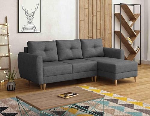 Ecksofa mit Schlaffunktion und Bettkasten - MANSTAD Sofa mit 3 Sitzen und Robusten Überzug - Schalfsofa L-Form Universal - Schlafcouch mit 3 Kissen - Dunkelgrau - LUX 06 - MODERNO von Moderno Meble
