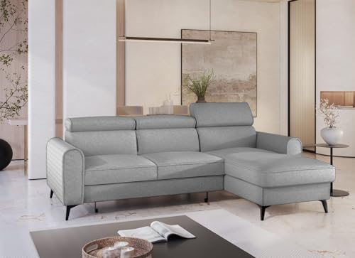 Ecksofa mit Schlaffunktion und Bettkasten - Modern Universell Sofa mit verstellbare Kopfstützen - Bello - Schalfsofa L-Form - Weiches Schlafcouch - 252x175x101 cm - Hellgrau - Raven 06 - MODERNO von Moderno Meble