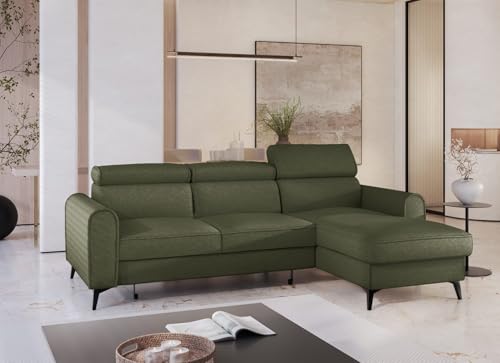 Ecksofa mit Schlaffunktion und Bettkasten - Modern Universell Sofa mit verstellbare Kopfstützen - Bello - Schalfsofa L-Form - Weiches Schlafcouch - 252x175x101 cm - Oliv - Raven 78 - MODERNO von Moderno Meble