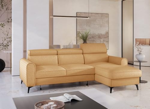 Ecksofa mit Schlaffunktion und Bettkasten - Modern Universell Sofa mit verstellbare Kopfstützen - Bello - Schalfsofa L-Form - Weiches Schlafcouch - 252x175x101 cm - Senf - Raven 66 - MODERNO von Moderno Meble