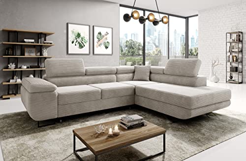 MODERNO Ecksofa mit Schlaffunktion aus Cord - Big Sofa ASTORP - Couch L Form - Schlafsofa mit Bettkasten und Kopfstützen - 277x203x100 cm - Rechts - Creme - Poso 100 von Moderno Meble