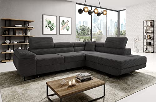 MODERNO Ecksofa mit Schlaffunktion aus Cord - Big Sofa ASTORP - Couch L Form - Schlafsofa mit Bettkasten und Kopfstützen - 277x203x100 cm - Rechts - Graphit - Poso 34 von Moderno Meble