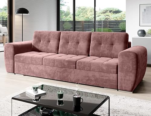 MODERNO Bari 3-Sitzer Sofa mit Schlaffunktion Couch Schlafsofa mit Bettkasten Schlafcouch Moderne Möbel ins Wohnzimmer Sofagarnituren Veloursstoff Steppsofa Rosa von Moderno Meble