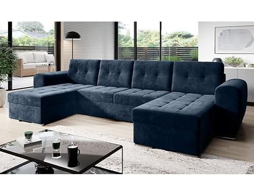 MODERNO Bari Wohnlandschaft Sofa mit Schlaffunktion Couch U-Form Schlafsofa mit Bettkasten Ecksofa Schlafcouch Moderne Wohnzimmermöbel Eckcouch Veloursstoff Steppsofa Blau von Moderno Meble