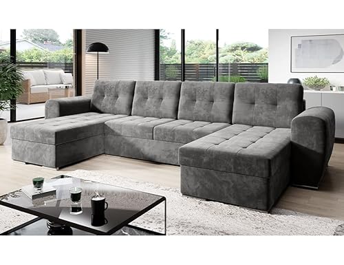 MODERNO Bari Wohnlandschaft Sofa mit Schlaffunktion Couch U-Form Schlafsofa mit Bettkasten Ecksofa Schlafcouch Moderne Wohnzimmermöbel Eckcouch Veloursstoff Steppsofa Grau von Moderno Meble