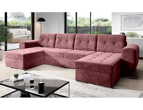 MODERNO Bari Wohnlandschaft Sofa mit Schlaffunktion Couch U-Form Schlafsofa mit Bettkasten Ecksofa Schlafcouch Moderne Wohnzimmermöbel Eckcouch Veloursstoff Steppsofa Rosa von Moderno Meble