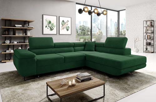 MODERNO Ecksofa mit Schlaffunktion aus Cord - Big Sofa ASTORP - Couch L Form - Schlafsofa mit Bettkasten und Kopfstützen - 277x203x100 cm - Rechts - Grün - Poso 14 von Moderno Meble