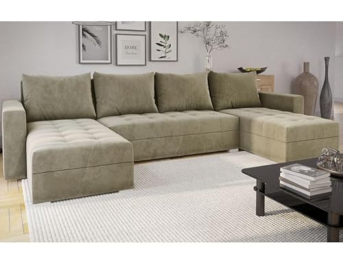 MODERNO Ecksofa mit Schlaffunktion und Bettkasten FORSET U - Sofa mit +3 Sitzen - Schlafcouch Wohnlandschaft U Form - Modern Couch 301x145x80 cm - Big Sofa XXL Beige von Moderno Meble