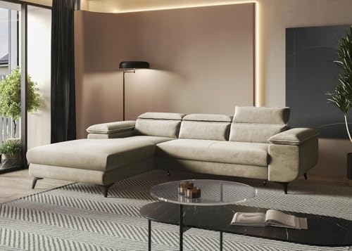 MODERNO Ecksofa mit Schlaffunktion Flat - Modern Sofa 3 Sitzen mit klappbare Kopfstützen - Schlafcouch L-Form mit Metallfüße 205x276x94 cm - Ecke Links Beige von Moderno Meble