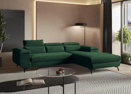 MODERNO Ecksofa mit Schlaffunktion Flat - Modern Sofa 3 Sitzen mit klappbare Kopfstützen - Schlafcouch L-Form mit Metallfüße 205x276x94 cm - Ecke Rechts Grün MODERNO Ecksofa mit Schlaffunktion Flat - Modern Sofa 3 Sitzen mit klappbare Kopfstützen - Schlafcouch L-Form mit Metallfüße 205x276x94 cm - Ecke Rechts Grün von Moderno Meble