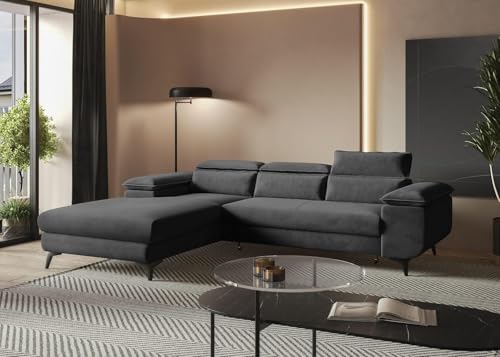 MODERNO Ecksofa mit Schlaffunktion Flat - Modern Sofa 3 Sitzen mit klappbare Kopfstützen - Schlafcouch L-Form mit Metallfüße 205x276x94 cm - Ecke Links Dunkelgrau von Moderno Meble