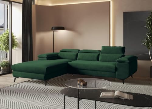 MODERNO Ecksofa mit Schlaffunktion Flat - Modern Sofa 3 Sitzen mit klappbare Kopfstützen - Schlafcouch L-Form mit Metallfüße 205x276x94 cm - Ecke Links Grün von Moderno Meble